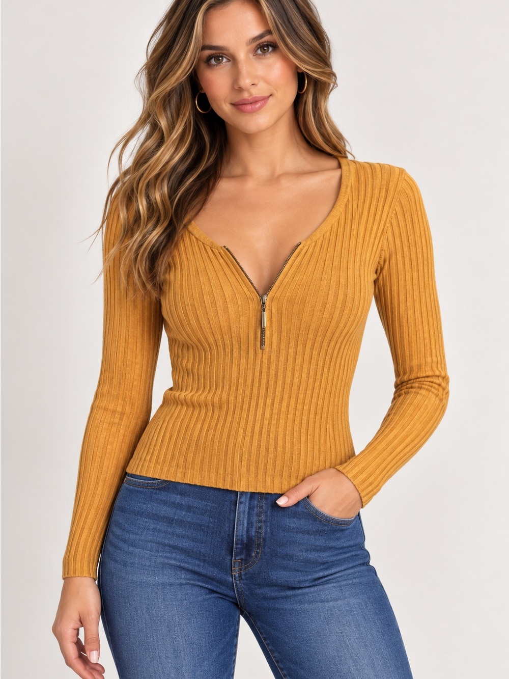 90’s INC International Concepts Ribbed Zip-Front Long Sleeve Top - Mustard